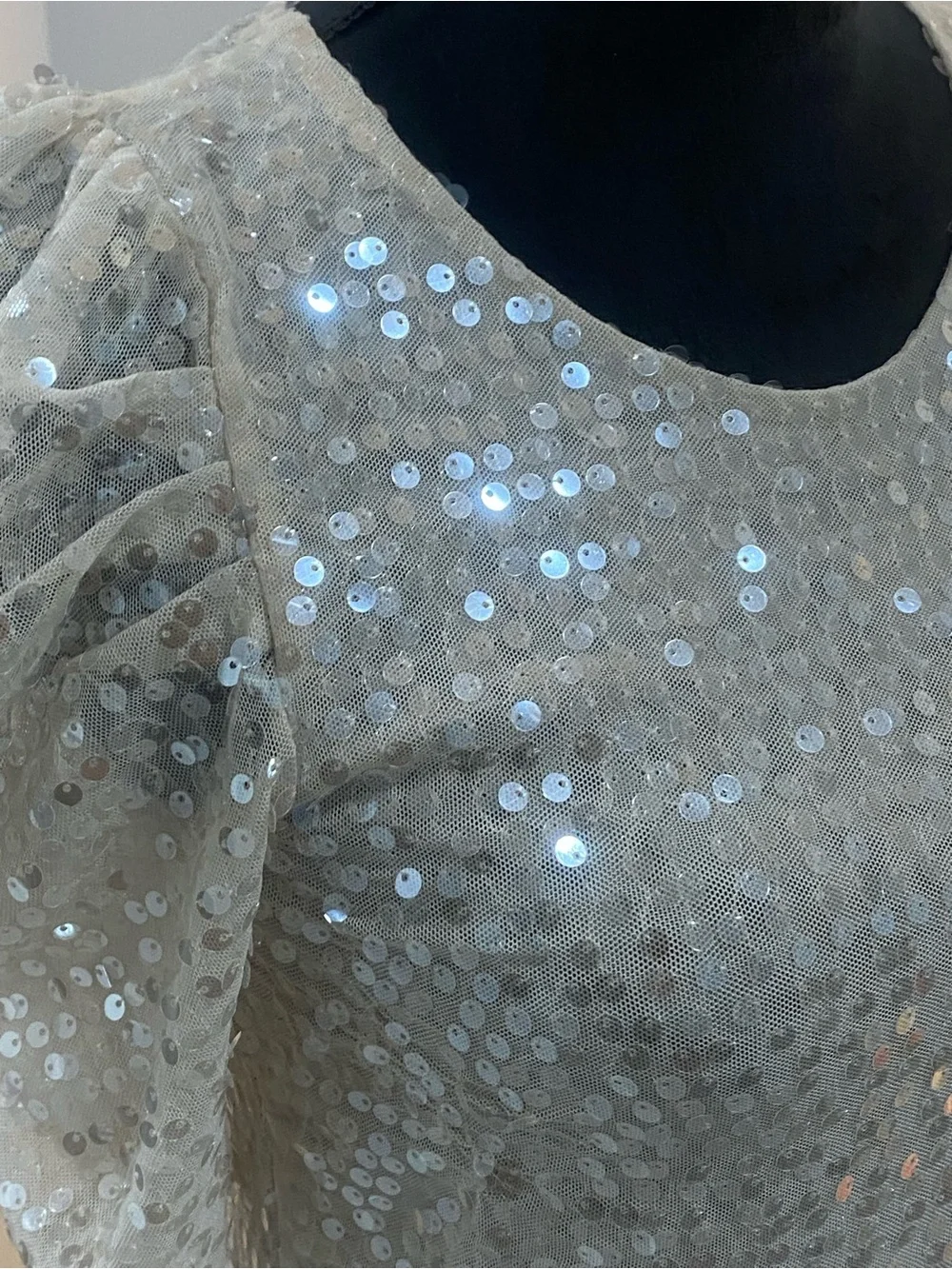 Zara Ivory Sequin Puff-Sleeve Top